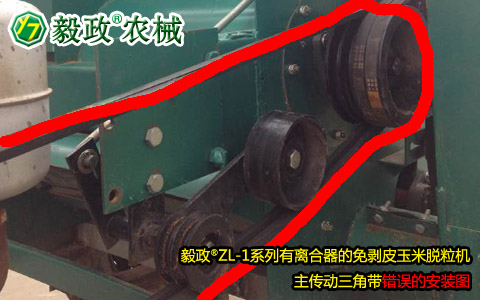 毅政牌ZL1系列有離合器的免剝皮玉米脫粒機，主傳動三角帶錯誤安裝